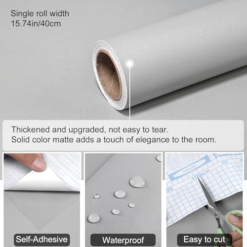 Grey Peel and Stick Wallpaper Solid Grey Contact Paper A Set of 15.7"x472" Matte Self Adhesive Waterproof Vinyl Roll for Wall Coverings,Cabinets,Countertops,Bedroom,Kitchen by SOON AFTER - Used condition - Image 3