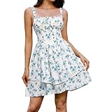 SCARLET DARKNESS Robe d'été Femme à Bretelles Spaghetti Style Victoria, Courte à Imprimé Fleuri Élégant Bleu M