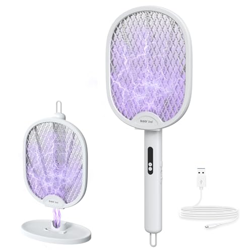 Image of BALDR Electric Fly Swatter Racket, Foldable 2 in 1 Bug Zapper 3000V Powerful Mosquito Killer with Purple Attractant Trap Lamp, 1200mAh Type-C Rechargeable for Indoor Home Office Patio Camping