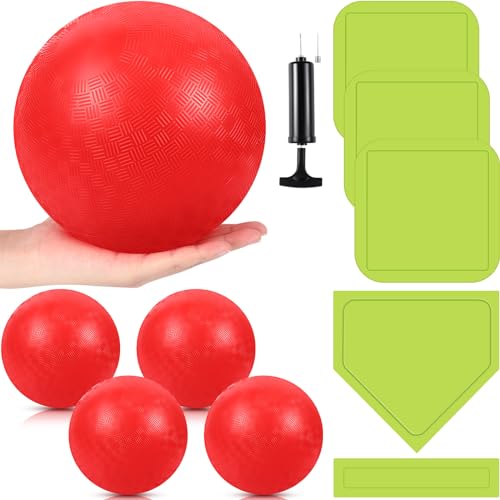 Hiboom 10 Pcs Kickball Set Includes 10 Inches Dodgeball Playground Balls 5 Rubber Throw Down Bases Needles and Ball Pump for Boys Girls Adults Backyard Game Camps Picnic Schoolyard Summer(Green)