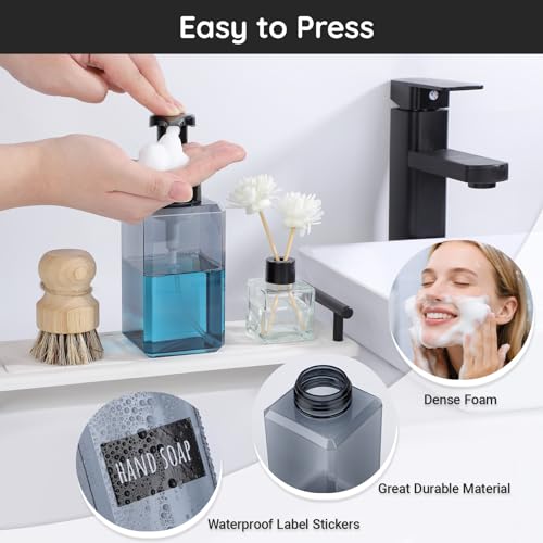 Image of Segbeauty Empty Foam Soap Dispenser Pump Bottles 15.2oz 2pcs, Refillable Foaming Hand Soap Dispenser, 450ml Gray Foam Bottle with Waterproof Stickers, Plastic Square Liquid Foaming Container BPA Free