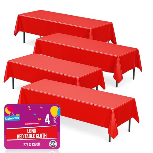 SOL 4pk Long Red Table Cloth Party 274x137cm Plastic Cover Disposable Tablecloths for Parties - Spill Protection - Great for Weddings, Buffets, Catering, Restaurants, Outdoor Events & Celebrations