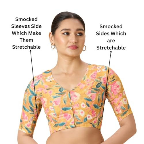 Image of Studio Shringaar Women's Cotton Floral Print Side Stretch (Smocked) Readymade Saree Blouse