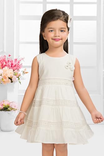 Image of Soft Cotton Lace Work Knee Length Fit & Flare Dress for Kids & Girls, Flower Embellished Frock for Casual & Special Occasion