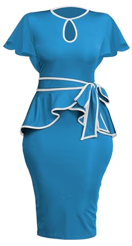 Image of Women's Vintage Bodycon Church Ruffle Sleeve Ruched Dresses Work Midi Pencil Dress