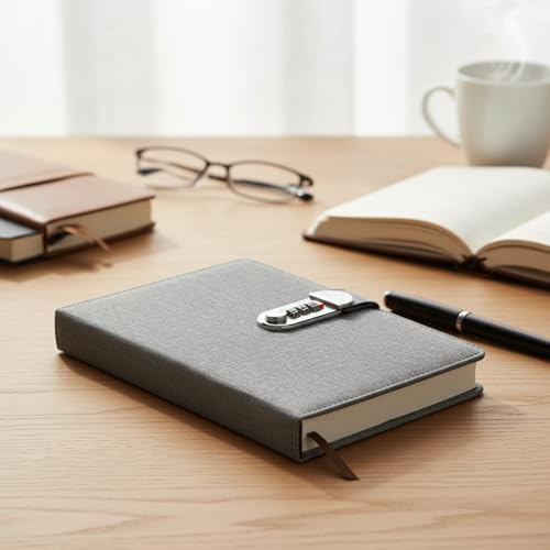 Image of A5 Secret Diary with 3-Digit Combination Lock, Premium PU Leather Journal for Men & Women, Personal Locked Notebook for Office, School & Gifts, 22x15 CM (Fabric Gray)
