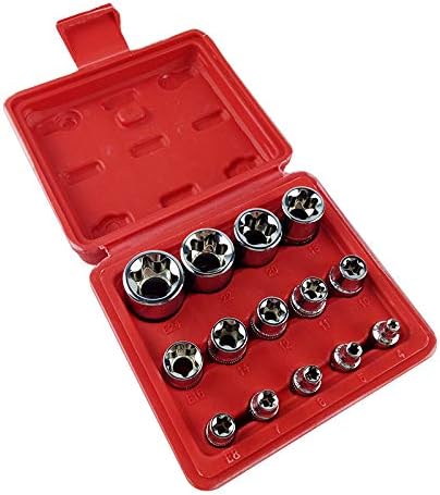 14 Piece Professional E Torx Socket Set with Internal Thread, Chrome Vanadium Steel Sockets | 1/4", 3/8", 1/2" Drive, Corrosion Protected, Black Phosphated, Heavy Duty