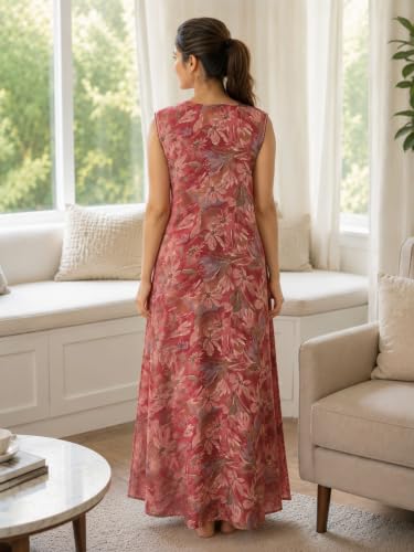Image of 9shines Label Alpine Sleeveless Nighty | All Over Print Maxi for Women | Night wear for Women | Full Length Night Gown for Women | Night Dress for Women Stylish (Alpine Sleeveless 24)