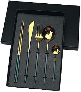 Silverware Flatware Set, 5/20/30/40/50/60 Piece Portuguese Cutlery Flat Handle Stainless Steel Knives, Forks, Spoons And ChopsticksGreen Gold,60 Piece set for 12