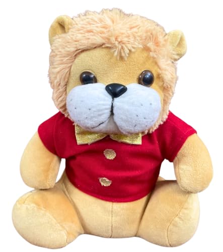 Image of Tickles Cute Sitting Lion Wearing Shirt Soft Stuffed Plush Animal Toy for Kids Boys & Girls Birthday Gift (Size: 25 cm Color: Brown & Red)
