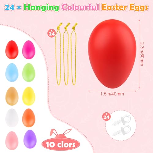 TOSAVGA 24 Stück Ostereier zum Aufhängen, Bunte Ostereier Plastik mit Schnur, 6 x 4CM Plastikeier Osterdeko, Ostereier Deko zum Hängen, Kunststoffeier Dekorieren für Draußen, Oster Plastik Eier