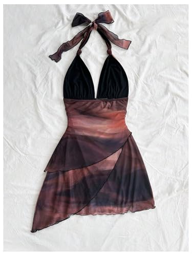 SOLY HUX Women's Sexy Tie Dye Print Halter V Neck Mini Dress Retro Backless Fitted Bodycon Dresses2