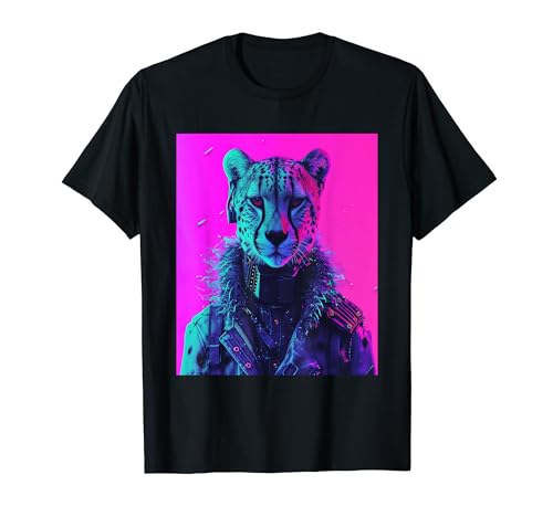 Cool Futuristic Silent Cheetah Vaporwave Zoo Cyberpunk Art T-Shirt