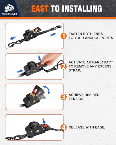Image of METOWARE Retractable Ratchet Straps (2-Pack) - 1 in x 10 Ft (1500lb Break Strength) - Heavy Duty Auto Self Retracting Tie Down Straps for Truck, Trailer, Cargo Van, Motorcycle - Black