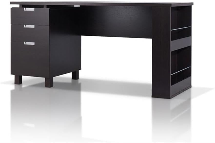 Pemberly Row Modern 3-Drawer Wood Writing Desk, Espresso Finish, 59 in x 24 in x 29 in, Built-in Filing Cabinet, Side Shelves, Chrome Accents, Home Office Desk for Workspace Organization