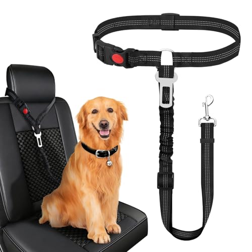 2-1 Cintura Sicurezza Cani, Riflettente Guinzaglio per Cani, Cintura per Auto Regolabile Elastico, Cintura Cane Auto con Ammortizzazione Elastica e Sacca Portaoggetti per Tutte Gatti (Nero)
