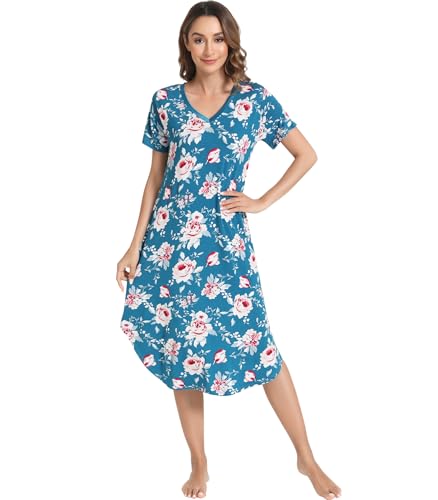 Image of NACHILA Nightgowns for Women-Viscose Made from Bamboo, V Neck Sleepshirts Short Sleeve Sleepwear Cool Nightshirt