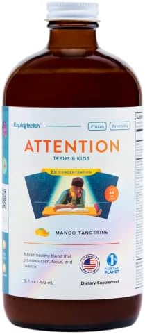 LIQUIDHEALTH 16 Oz Attention, Calm Kids Children Teens Liquid Multivitamin, Focus, Memory, Supplement, Concentration, Vitamins Support, Vegan, Sugar-Free