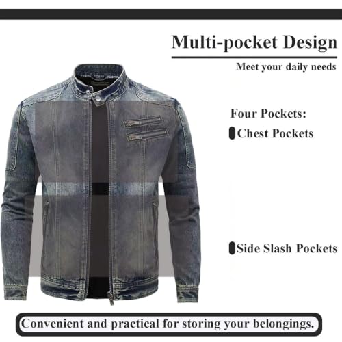 Image of Men's Denim Jacket Vintage-Inspired Jean Jacket with Multiple Pockets - Cotton Blend, Machine Washable