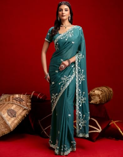 Image of SIRIL Women's Georgette Embroidery Saree With Unstitched Blouse