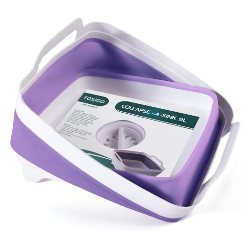 Image of FOSJGO Collapsible Dish Basin with Drain Plug, 2.4 Gal (9L) Space-Saving Foldable Sink, Wash Basin for Kitchen, Baby Bottles, Vegetable Washing, Camping, RV and Party Beverage Tubs (Purple)