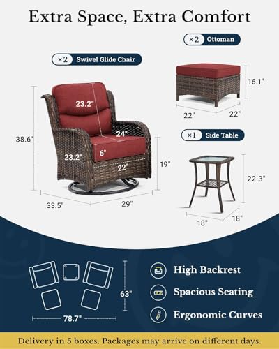 HILLGA Luxury Patio Furniture Set with 6-inch Thick Cushion, Outdoor High Back Swivel Rocker Patio Chairs, 5PCS Wicker Conversation Set for Deck Yard and Poolside, Burgundy (V2)