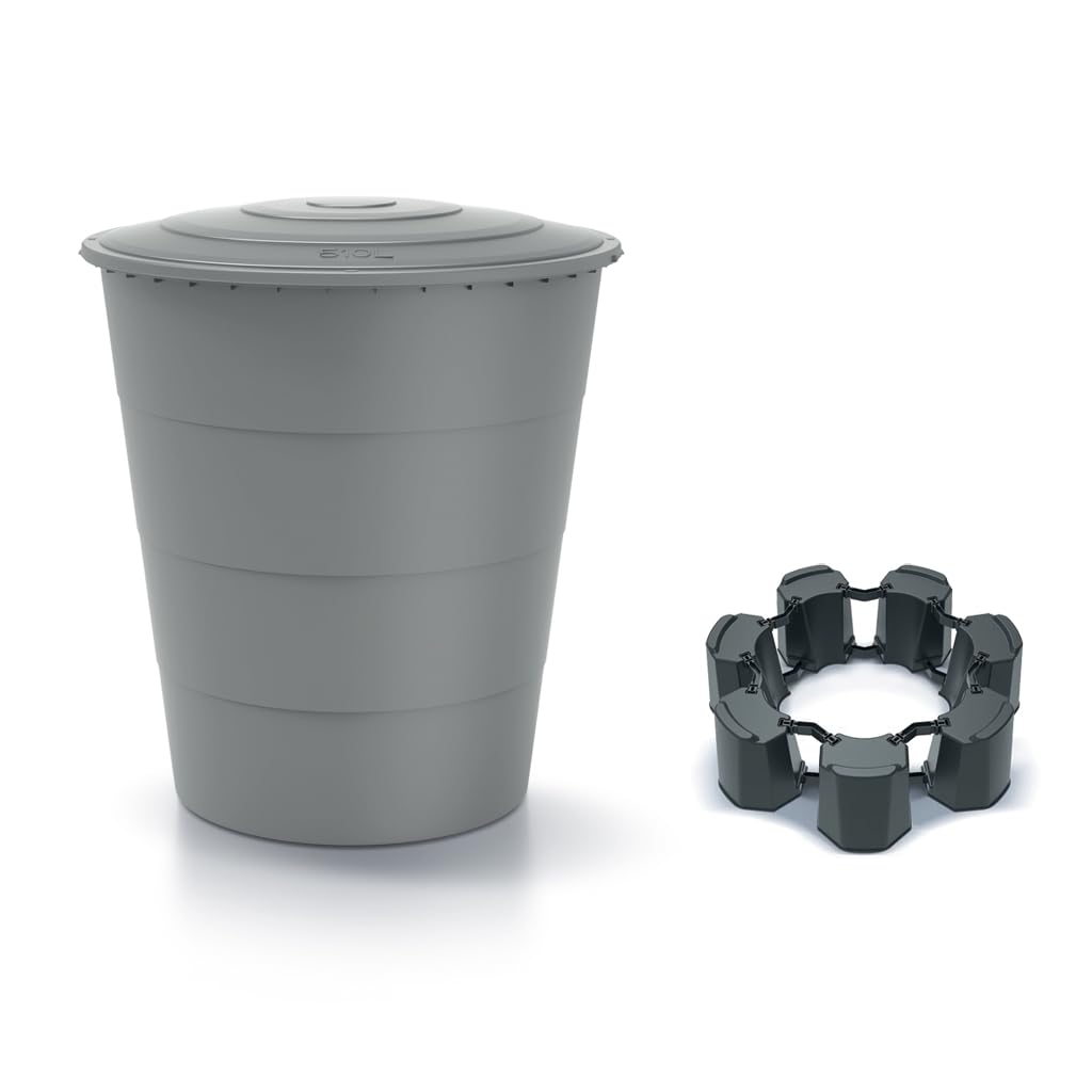 Kreher Récupérateur d'eau de pluie XXL « Smooth » 510L avec couvercle et pied (en option). En plastique anthracite/gris. Aspect discret au format rond, intemporel et moderne. (gris, avec couvercle et