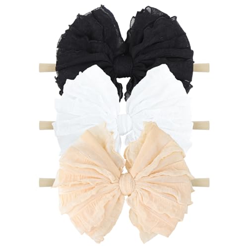 Baby Girl Headband with Bows, 3Pcs Nylon Hair Accessories for Infant, Toddler Girls, Black, White, Beige - HAIRBAND