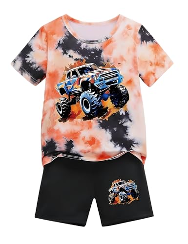 LPHGFZA Toddler Boys 2-Piece Summer Outfit 3D Car Print Tie-Dye T-Shirt & Elastic Waist Shorts for Kids Clothing Set 4-8Y