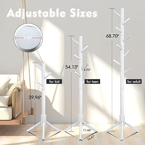 SEANTUA Wooden Coat Rack Free Standing Coat Tree with 8 Hooks, 3 Adjustable Sizes, Entryway Coat Stand Coat Hanger for Handbags Clothes & Accessories Hats, NO Tools Required (White)