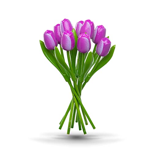 MomoMoments Ramo de Tulipanes de Madera Violeta, 9 Tulipanes Artificiales Pintados a Mano, 34 cm de Altura, Ramo, decoración, Regalo, Made in Holland