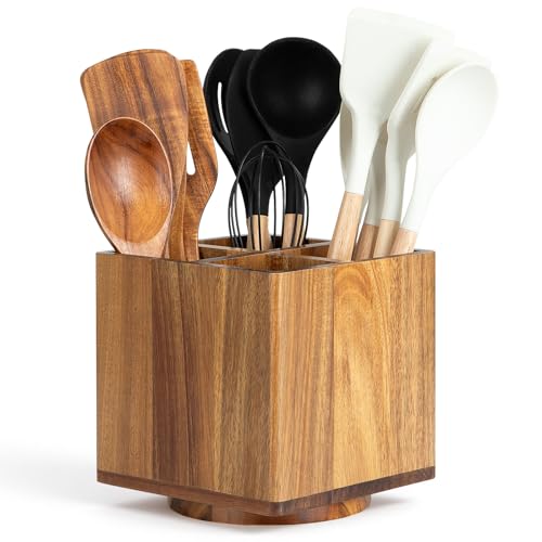 NACIMAX Acacia Wood Extra Large Rotating Utensil Holder for Kitchen Counter, Wooden Utensil Holder with 4 Compartments