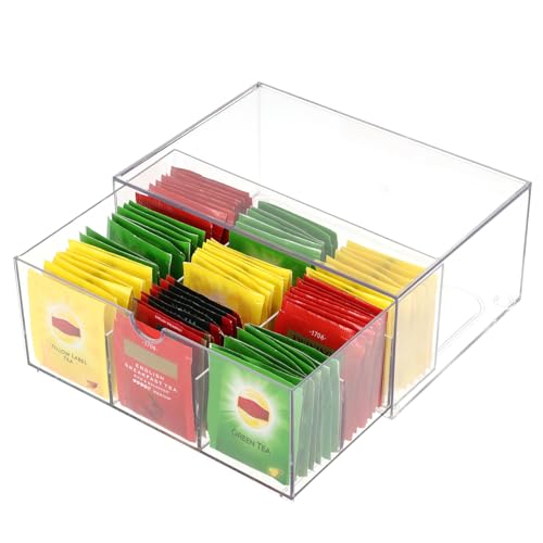 Rainmae Tea Bags Organizer Clear Acrylic Teabag Drawer Holder with 9 Compartments Stackable Tea Caddy Water Flavor Packet Storage Drawer for Counter, Countertop, Kitchen