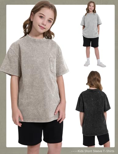 Image of COZYPOIN Unisex Kids Vintage Acid Wash Cotton Tees Crew Neck 3-16Y | 100% Cotton Boys Oversized T Shirt, Crew Neck, Short Sleeve, Front Pocket, Vintage Acid Washed Kids Tees for Boys Girls