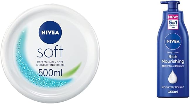 NIVEA Soft Moisturising Cream 500ml, A Moisturising Cream for Face, Body and Hands with Vitamin E and Jojoba Oil & Rich Nourishing Body Lotion 400ml