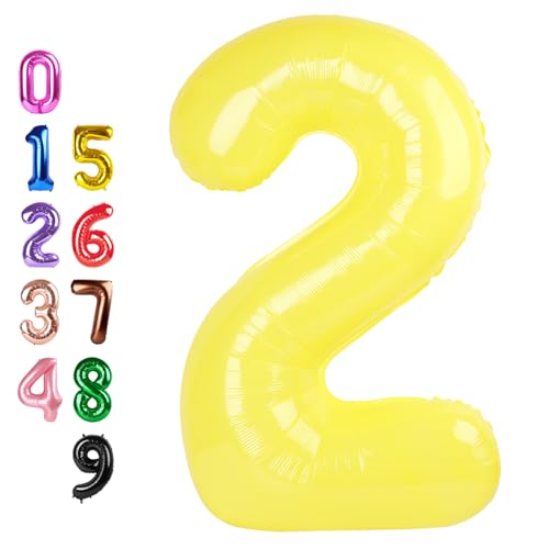 Image of Number Balloons 2 Balloon 40 inch Yellow for 2nd Birthday Party Decorations | Saturated Color, Large 40 inch, With Inflation Straw & Hanging Holes, Great for Thanksgiving, Labor Day, Vintage Theme Party