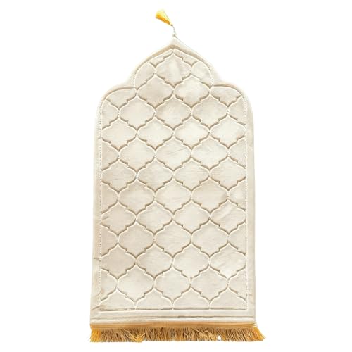 Weciau Muslim Prayer Mat 65 x 115cm Soft Flannel Prayer Area Rug for Daily Salah and Meditation Turkish Praying Carpet with Non-Slip Dots Ramadan Gifts for Men Women (Beige)