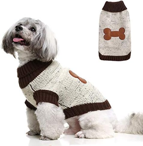 BINGPET Turtle Neck Dog Sweater - Brown Bone Pattern - Puppy Winter Warm Cloth for Small Medium Large Dogs