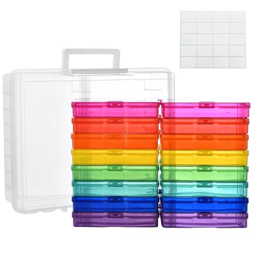 ALINK Caja de almacenamiento de fotos con 16 soportes interiores para fotos, tamaño grande de 17 × 12 cm, cajas de fotos transparentes para guardar tarjetas postales, fotos, manualidades, pegatinas, 1