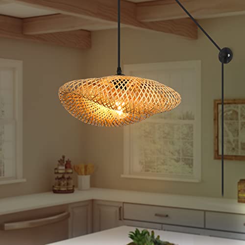 Wood Ceiling Plug In Pendant Light, Modern & Contemporary E26 Hanging Chandelier Light Bamboo Rattan Shade With Adjustable Extra-Long Cord For Kitchen, Dining Or Living Room, Bedroom Or Office #TOP16