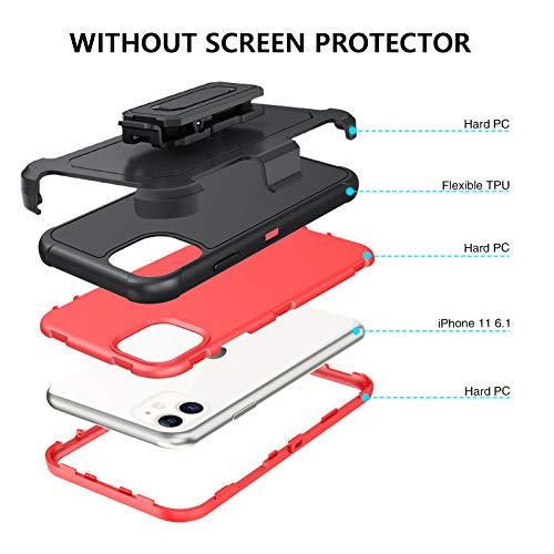 Bentoben Iphone 11 Case, Phone Case Iphone 11, Heavy Duty 3 Layers Shockproof Full Body Rugged Hybrid Hard Pc Bumper Drop Protective Men Boys Iphone 11 Cover With Kickstand Belt Clip Holster,Red/Black #TOP2