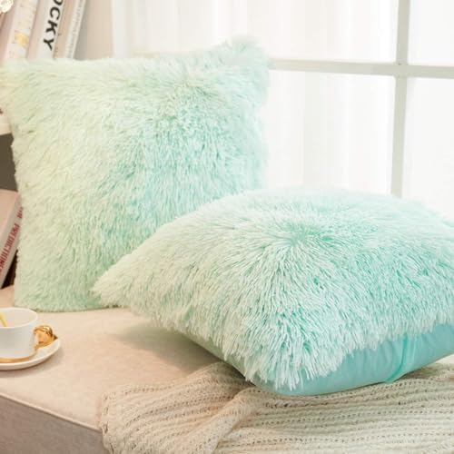 Image of Pack of 2 Luxury Fur Shaggy Fluffy Throw 12X12 Pillow Covers Set Soft Deluxe Decorative Plush Fleece Pillowcases for Cushion Couch Sofa Bedroom Home (Aqua Green, 12x12)