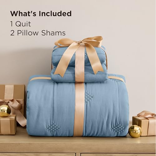 Image of Bedsure King Size Quilt - Prewashed Extra Soft Cotton-Like Polyester Bedspreads King Size, Lightweight Comforter, Includes 1 Quilt 106x96 Inches with 2 Shams, Machine Washable, Dusty Blue