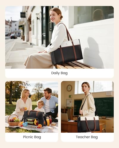 Image of LOVEVOOK Lunch Bag for Women, Leather Work Laptop Tote Bag with Insulated Lunch Compartment&Cup Holder, 15.6 Inch 2 in 1 Lunch Tote for Business, Teacher, Nurse, Office, College, Casual