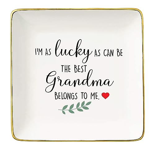 Topthink I'm As Lucky As Can Be The Best Grandma Belongs To Me - Ceramic Jewelry Holder Ring Dish Trinket Tray For Grandma - Birthday,Christmas,Mothers Day For Mimi,Gigi,Nana #TOP9