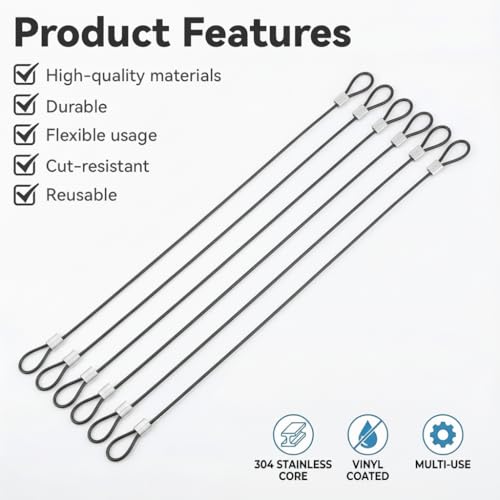 Steel Cable with Loops, 5 Pack 12 Inch Vinyl Coated Stainless Steel Wire Rope Lock Security Chain Lanyard Wire Lock Cable for Outdoor Fence Gate, Luggage, 2mm - Thumbnail 2