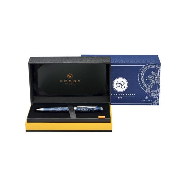 Cross Townsend Kugelschreiber Sonderedition 'Jahr der Schlange' (Strichstärke M, Schreibfarbe schwarz, dokumentenecht, Premium Geschenkbox) durchscheinender blauer Lack mit verchromter Gravur