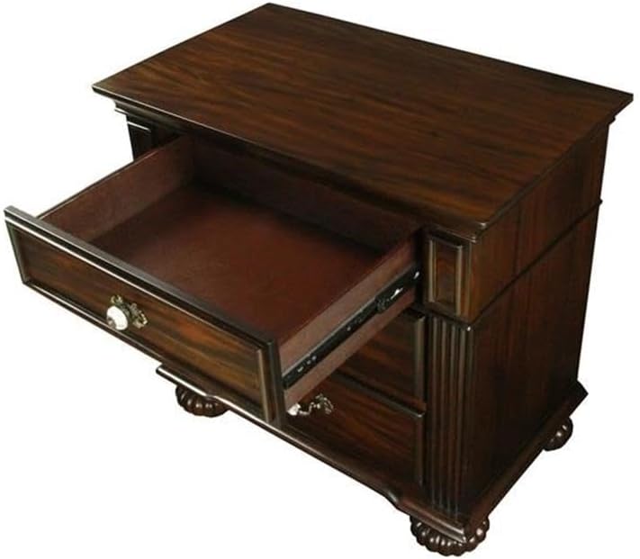 BOWERY HILL 3-Drawer Solid Wood Nightstand, Walnut Finish, 29" W x 17.38" D x 29.25" H, Antique Brass Handles, Acrylic Accents, Bun Feet, Transitional Bedroom Furniture with Ample Storage