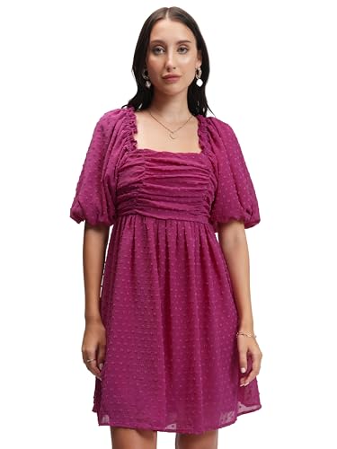 Image of Tokyo Talkies Women's Self-Design Fit & Flare Short Dress | Square Neck & Front Gathering | Chic & Feminine with Puff Sleeves