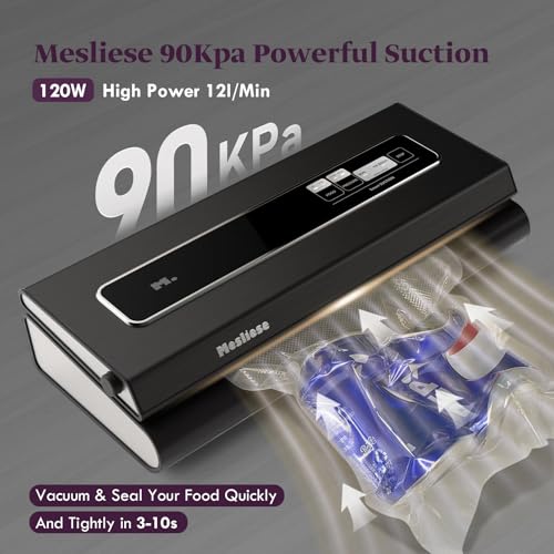 Mesliese Vacuum Sealer Machine Powerful 90Kpa Precision 6-in-1 Compact Vacuum Food Preservation System Built-in Cutter, Include 2 Bag Rolls & 5 Pre-cut Bags, Dry&Moist Modes Smart Suction (Gray) by Mesliese - Image 4
